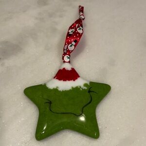 Grinch Christmas Ornament with Snowman Ribbon